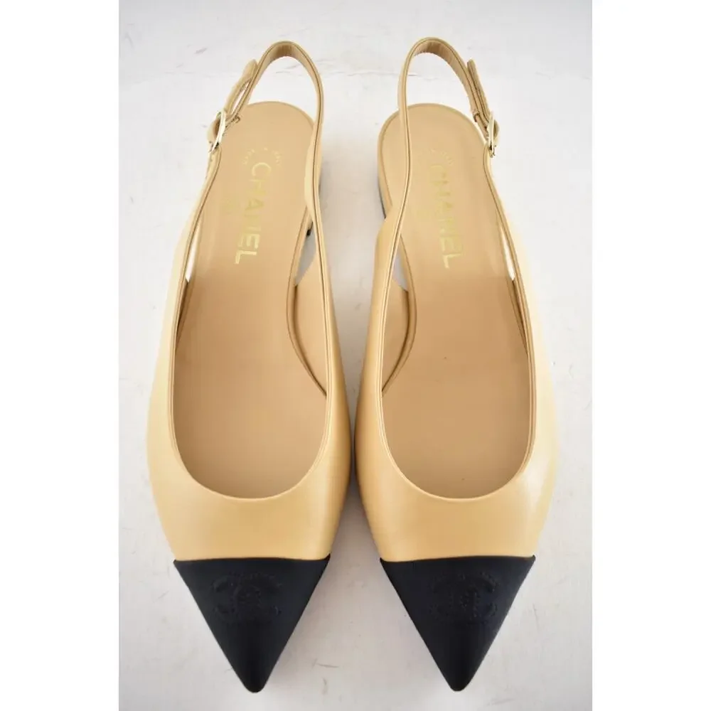 Chanel 24A Beige Leather Black CC Logo Coco Slingback Pointed Ballet Flat 38.5 - Picture 3 of 16